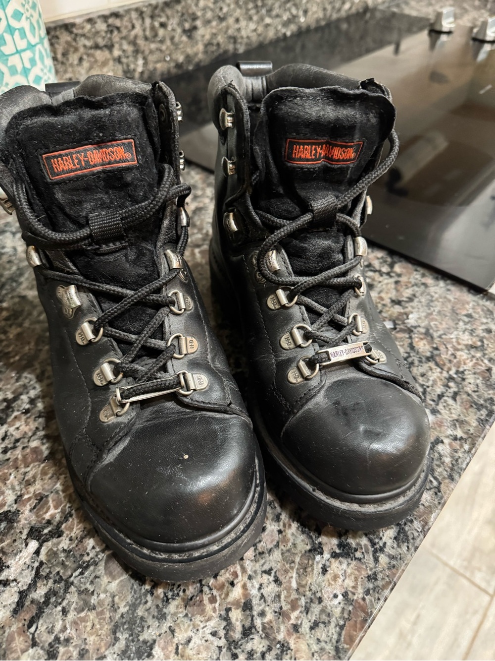 Harley-Davidson Womens Black Leather Lace-Up Hiking Boots with Orange Logo